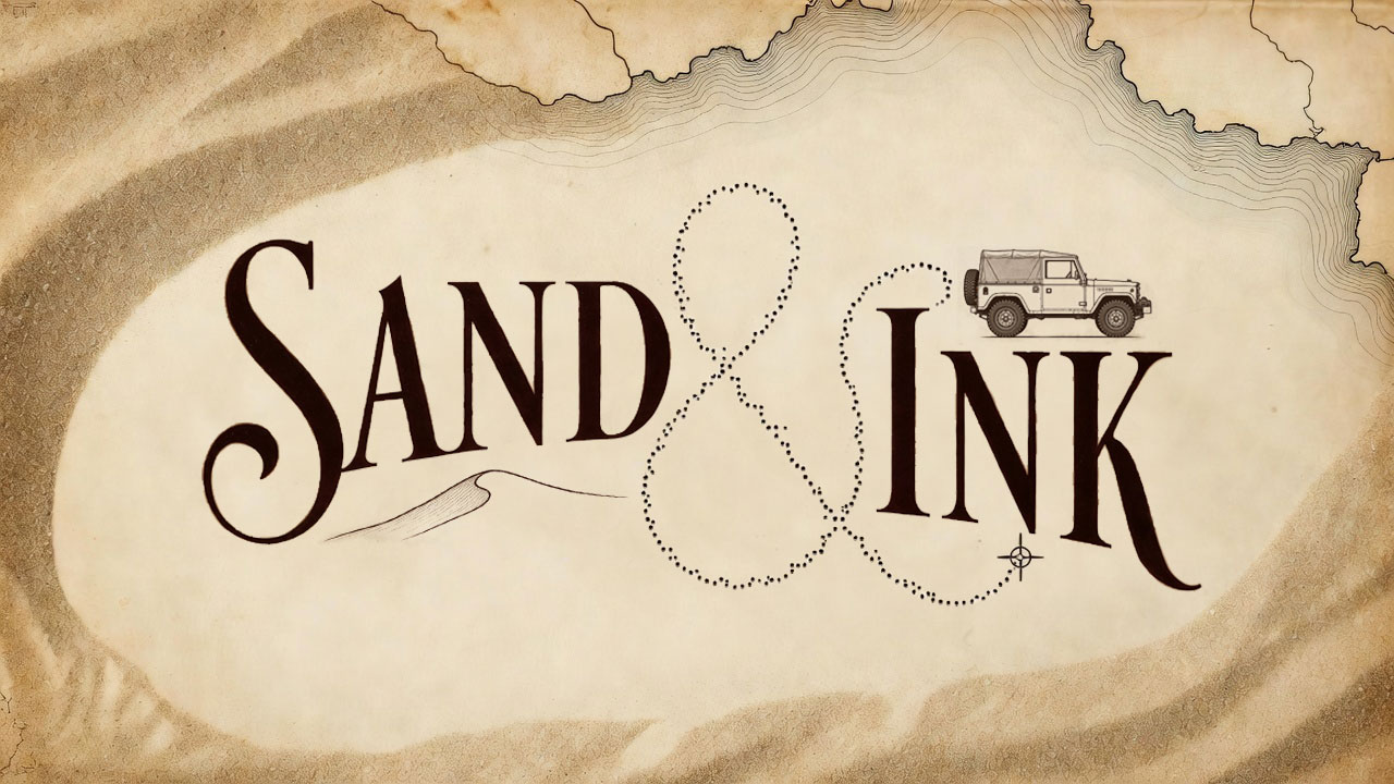 Sand & Ink logo: the words SAND and INK in sepia serif on old map paper, joined by a dotted route line that ends at a Land Rover.